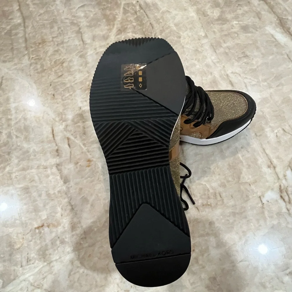 MICHAEL Michael Kors Georgie Metallic Logo Trainer Sneakers. GOLD/BLACK. NEW - Picture 7 of 8